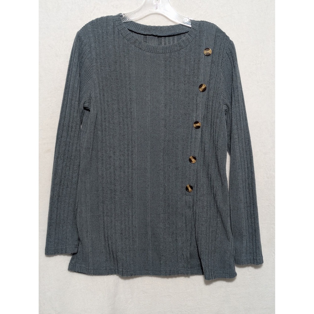 Unbranded Charcoal Grey Ribbed Knit Long Sleeve Top Asymmetrical Button Detail S